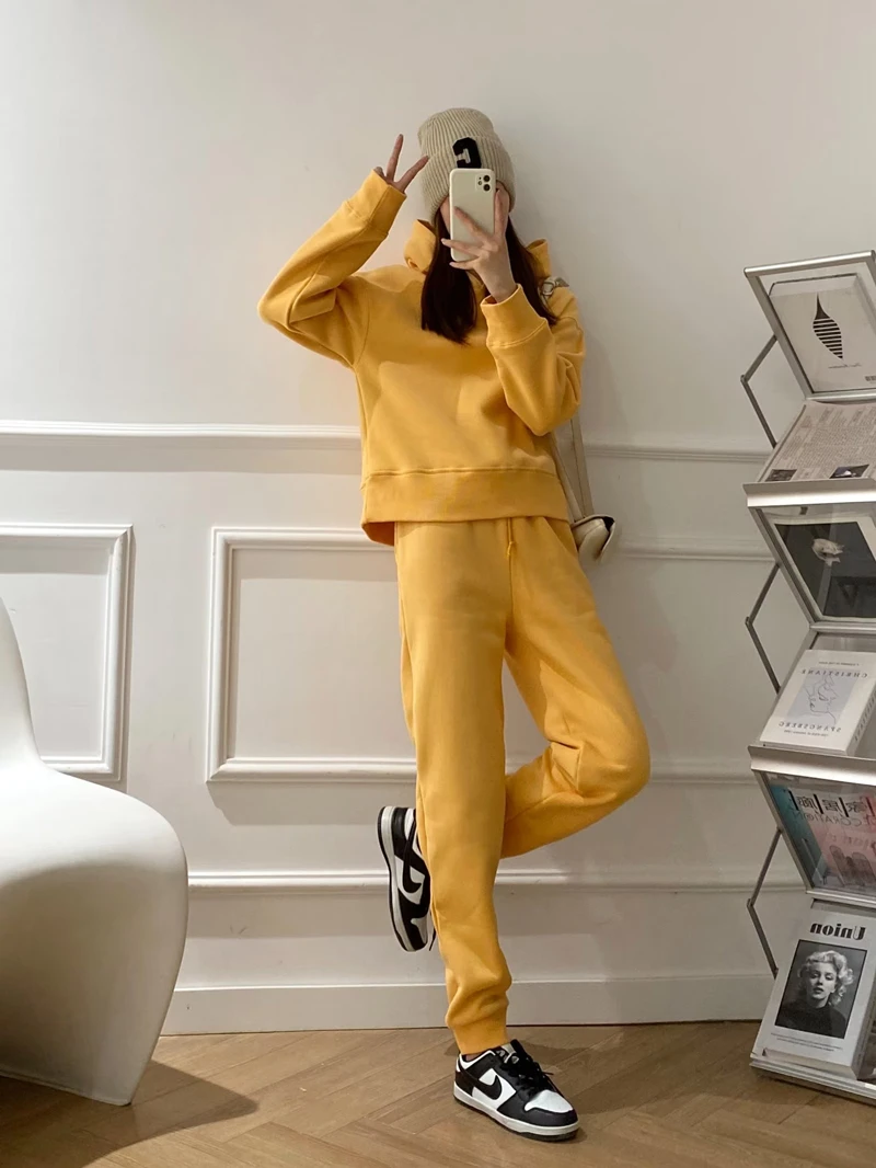 Autumn and winter women's new hooded long-sleeved ribbed pullover top high-waisted lace-up wide-leg pants casual sports suit