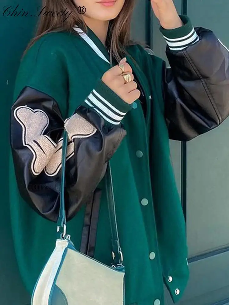 

Chic Embroidery Women Baseball Uniform Casual Patchwork Leather Sleeve Female Button Coat 2022 Autumn Winter Loose Lady Jacket