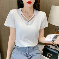 womens 2022 new design niche short sleeve t shirt womens solid color multifunctional cross v neck top
