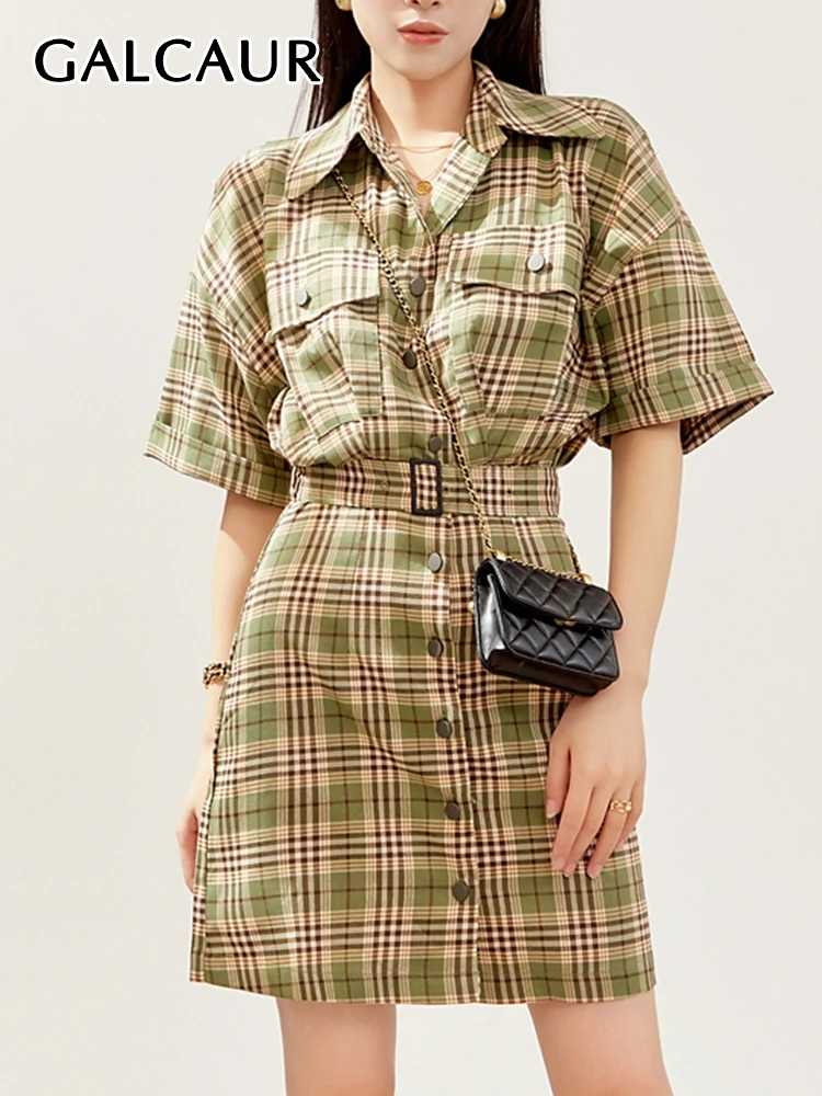 

GALCAUR Vintage Plaid Dresses For Women Lapel Short Sleeve High Waist Single Breasted Spliced Belt Casual Hit Color Dress Female