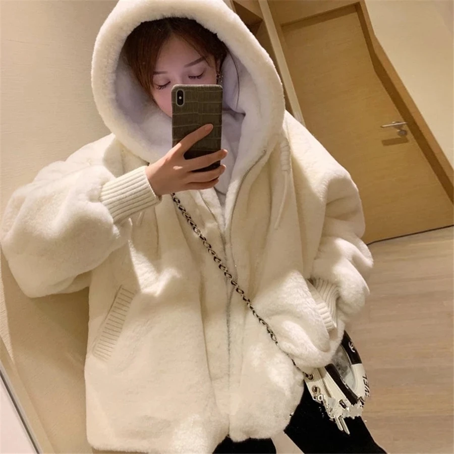 Winter Hooded Faux Rabbit Fur Plush Women Jacket Imitation Lambwool Outwear Top White Coat Warm Furry Overcoat Casual Sobretudos