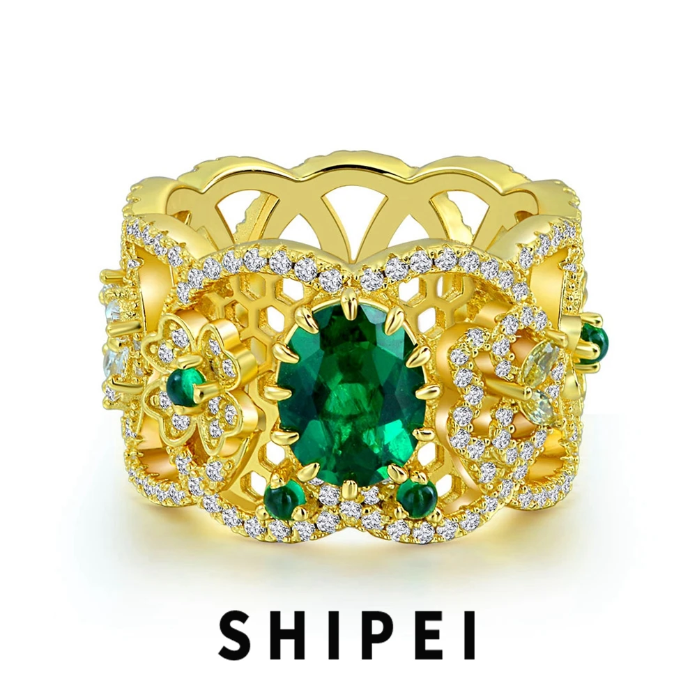 

SHIPEI 18K Gold Plated 925 Sterling Silver Oval Cut 2CT Emerald Gemstone Wedding Fine Jewelry Vintage Ring for Women Wholesale