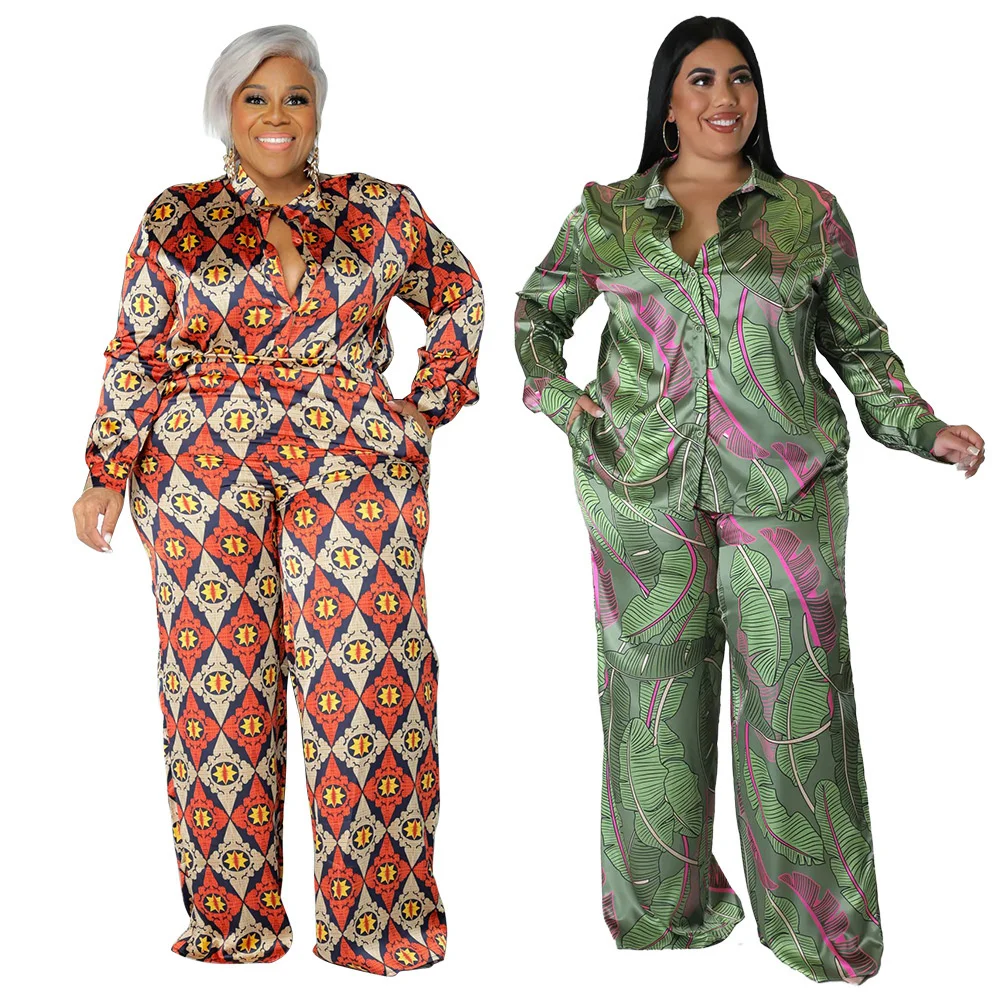 Two-piece Sets Plus Size Women Printed Cardigan Long-sleeved Tops Loose Pants Suit Fashion Print Casual Outfit Large Size Female