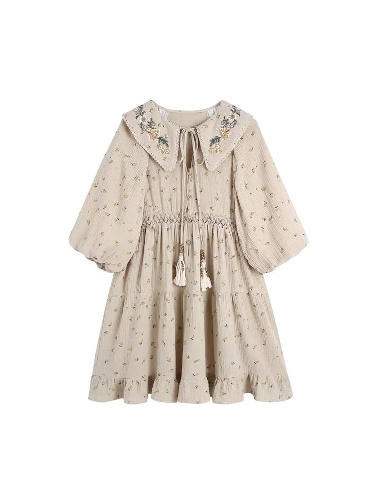 

2022 Summer Women Kawaii Mini Dress Solid Floral Embroidery 3/4 Sleeve Loose Female Elegant Fashion Dresses Vestidos