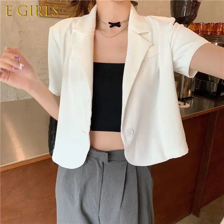 

E GIRLS Blazers Women Short Sleeve Loose Solid Cropped Outwear Thin Summer Cool All-match Design Tender Lovely Quality Leisure