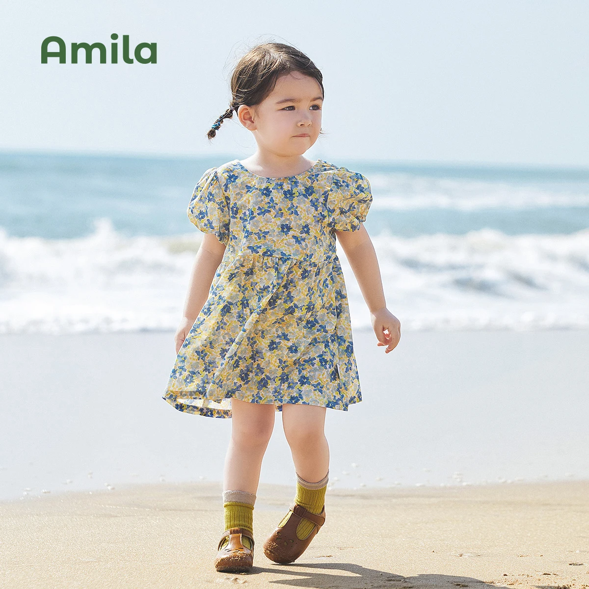 

Amila Children's Dresses for Girls 2022 Summer New Cute Floral Light Breathable Children's Baby Short-sleeved Skirt