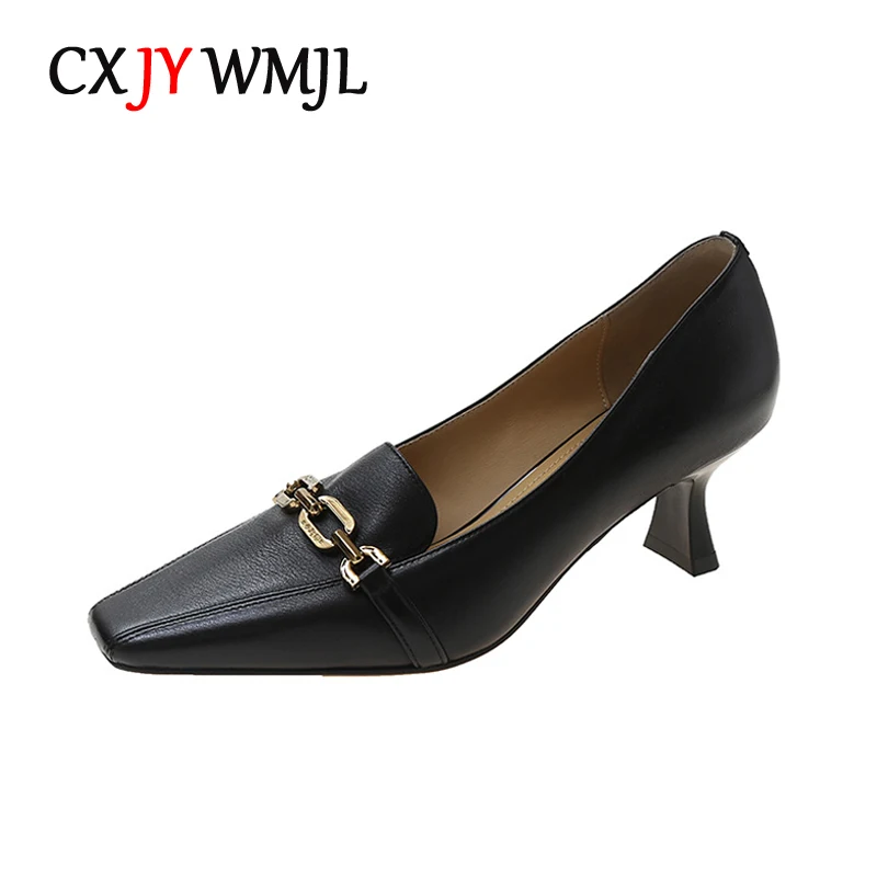 

CXJYWMJL Top Layer Cowhide Women High Heels Genuine Leather Spring Summer Chain Pumps Ladies British Style Small Single Shoes