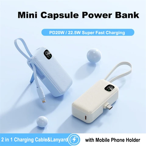 Портативное зарядное устройство Mini Capsule Power Bank, вилка типа C, 22,5 Вт, внешняя батарея для быстрой зарядки для iPhone 17 16 Samsung Xiaomi Huawei