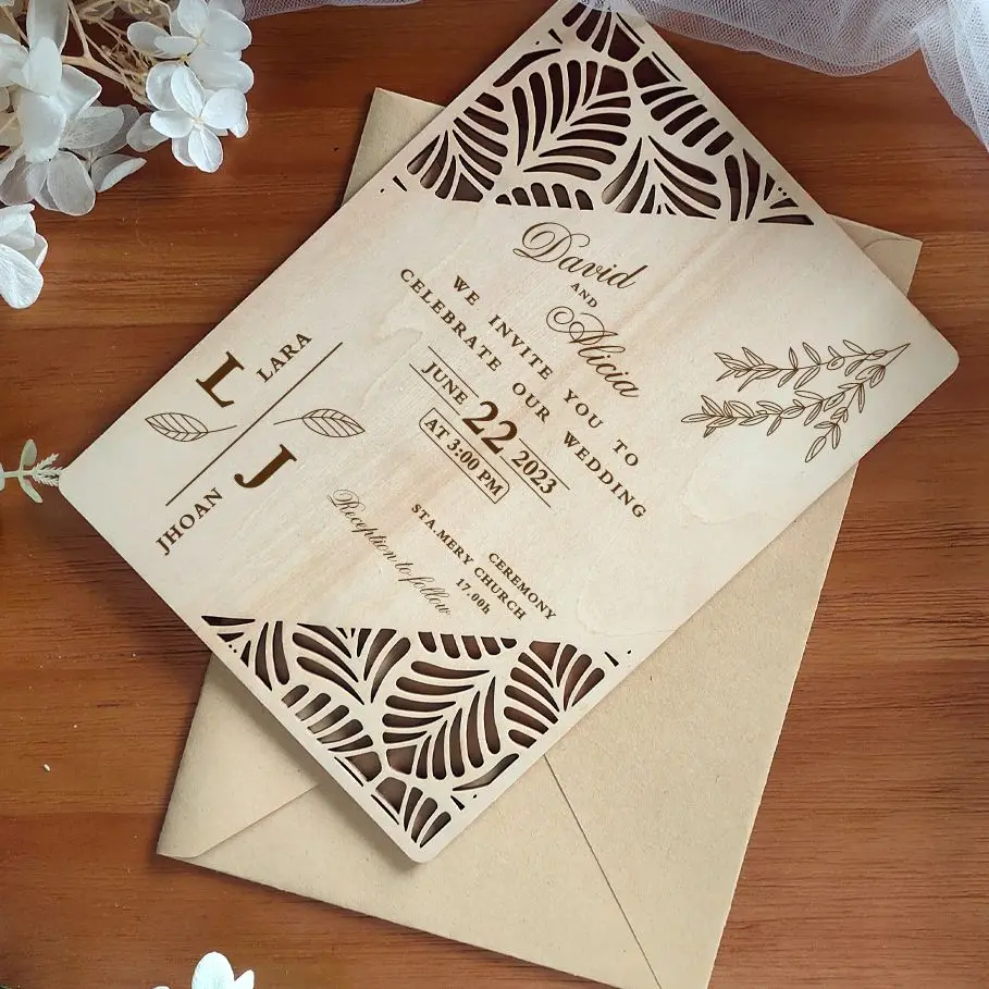Laser cutting engraving wooden invitation Personalized custom