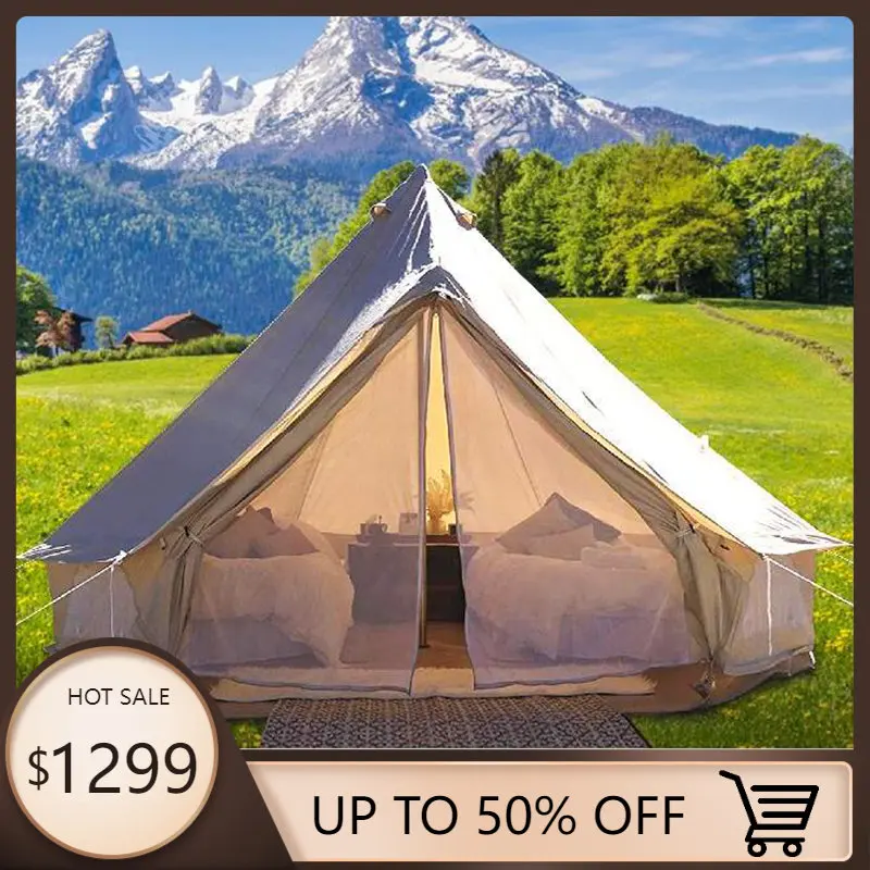 

4-12 Person Camping Tent 3-7m Waterproof Cotton Canvas Bell Tent Outdoor 4 Seasons Family Party Picnic Yurt