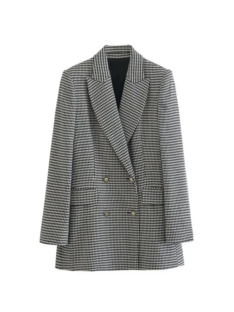 

Autumn Houndstooth Blazers Coats Suit 2022 Women Casual Double Breasted Female Elegant Street OL Slim Blazer Outerwear