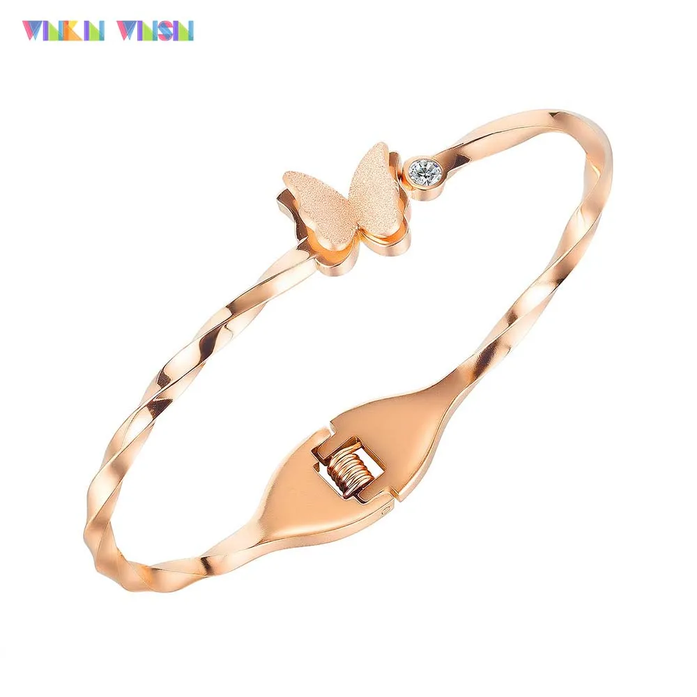 

WinkinWinsin P Series Clasp Bangle Polished Butterfly Zircon Decorated Cuff Bracelets Rose Gold Plated Women Titanum Bangles