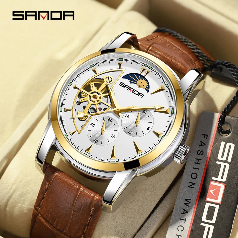 

SANDA Top Brand Men's Watches Fashion Skeleton Tourbillon Automatic Mechanical Wrist Watch for Men Waterproof Leather Strap New