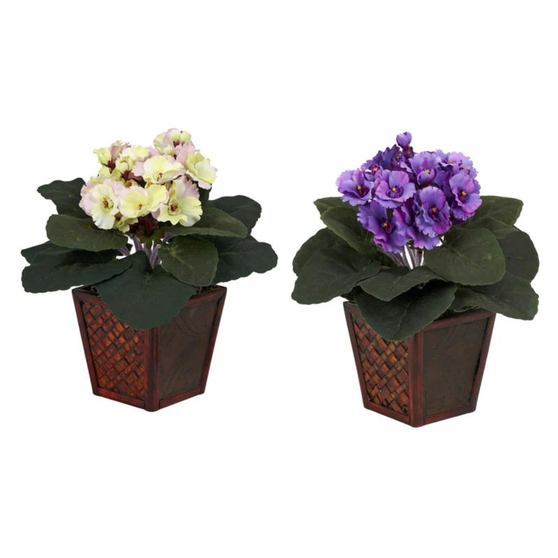 

10" Plastic African Violet Artificial Plant with Vase (Set of 2), Purple