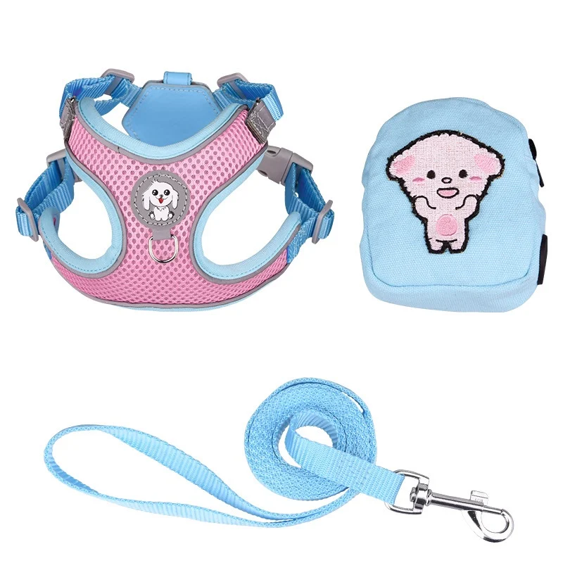 

Шлейка и поводок для собак с сумкой, жилет для домашних питомцев, нейлоновая сетка, рюкзак для маленьких, средних и больших собак