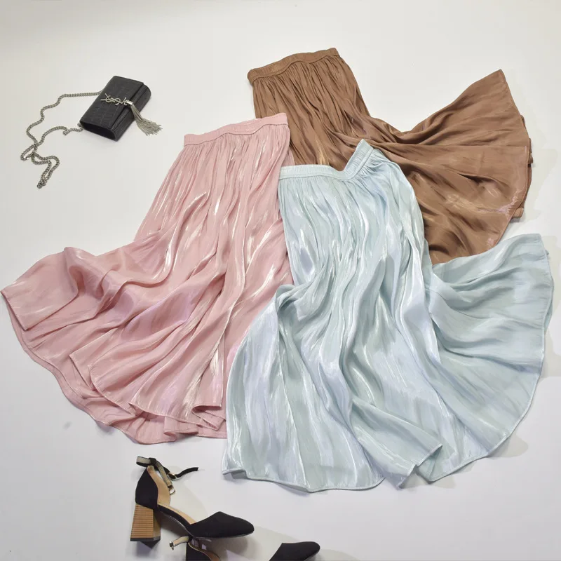 

2022 New Women's Long Satin Skirt Midi Elegant High Waist Solid Color Swing Elegant Pleated Skirt Mid-Length A-Line Skirt Women