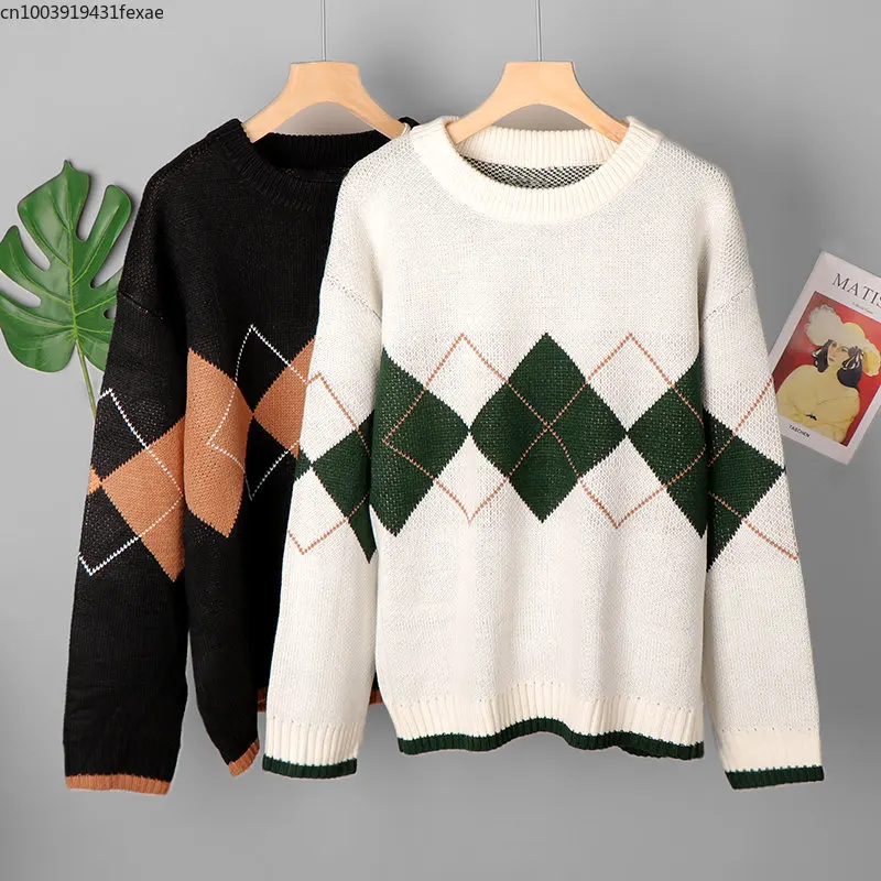 

Women Argyle Sweaters Autumn Winter Pullovers Long Sleeve O-Neck Loose Knitted Korean Tops Casual Vintage Jumper Sueter Mujer
