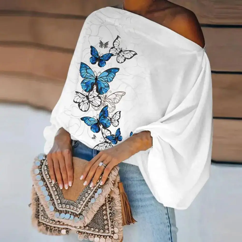 

Breathable Stylish Unique Feather-Printing Lady Casual Top Skin-touch Pullover Top Slash Neck Streetwear