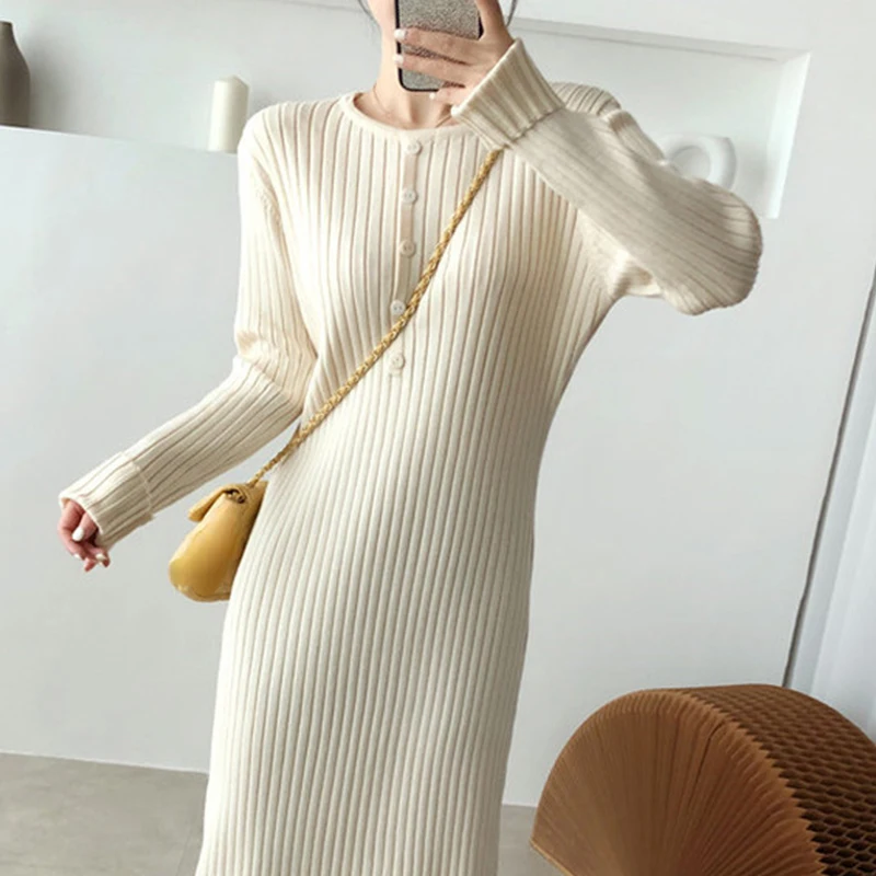 

2022 Winter Apricot Woolen Dress Women O-neck Single-breasted Elegant Long Sweater Dresses Female Striped Chic Knitwear Winter