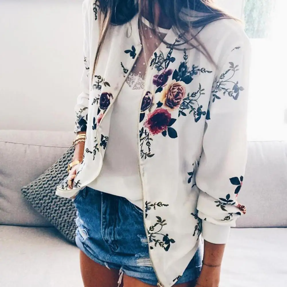 

Women Coat Elastic Cuff Long Sleeves Cardigan Breathable Colorfast Zip Up Soft Flower Print Spring Jacket Women Clothes Abrigos