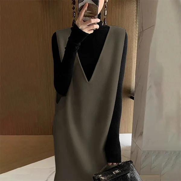 

Autumn And Winter Pullover Sleeveless Vest Fashion Plush Dress V-Neck Plush Dress Women's Loose Length Dress Over Knee Length
