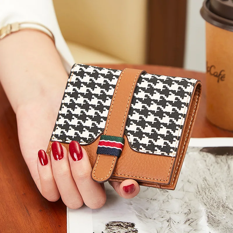 

2023 Fashion Houndstooth Short Wallet Real Leather Women Coin Purses Stripe Ribbon Billfold Calf Skin Hasp Female Card Holder