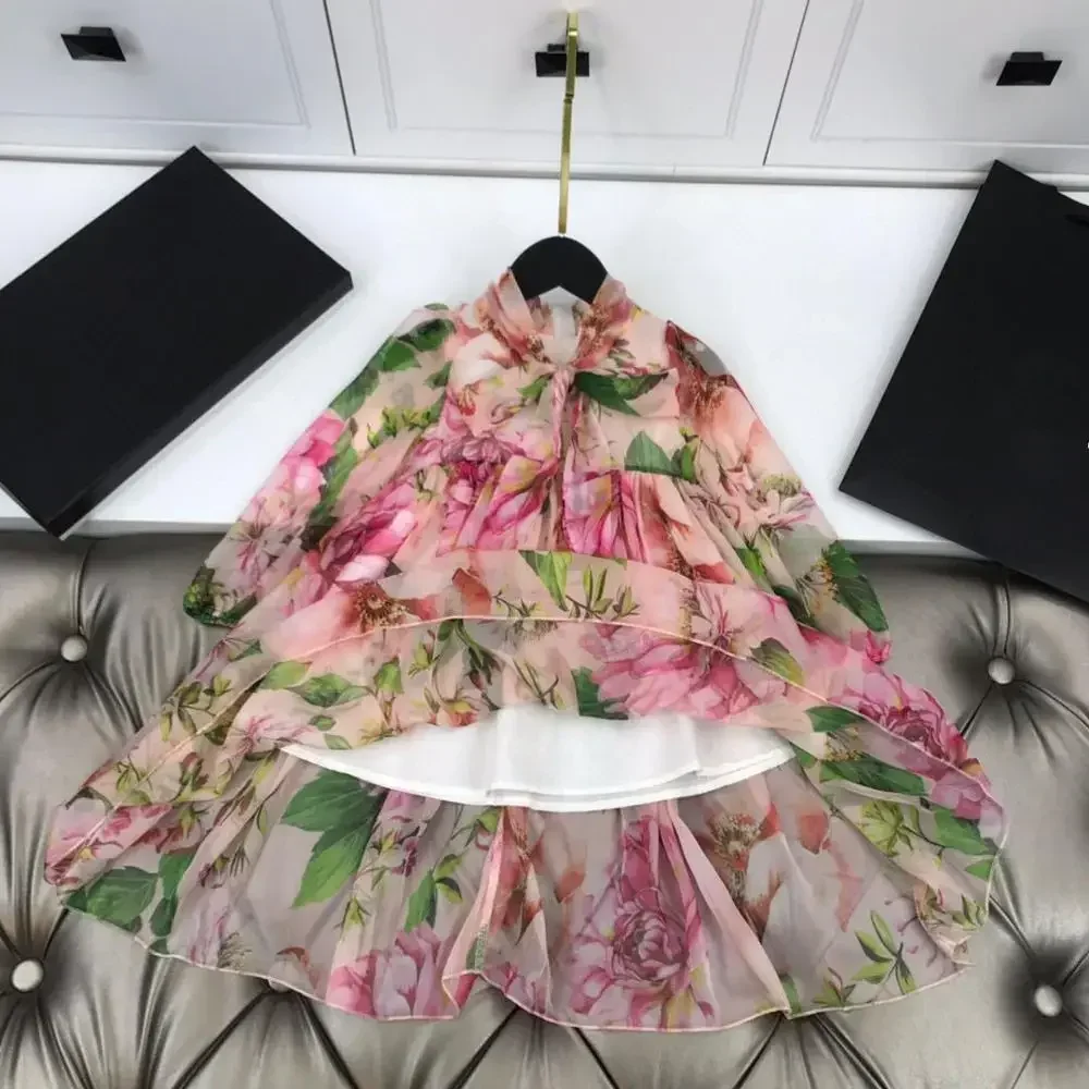 spring autumn childrens gitls flower dress chiffon voilet material with inner pure cotton princess dresses boutique kids clothes