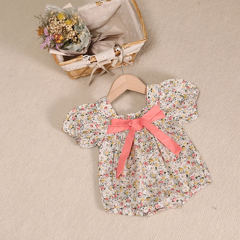 

MILANCEL 2022 Summer Baby Clothing Floral Girls One Piece Back Bow Baby Outfit Puff Sleeve baby Bodysuit