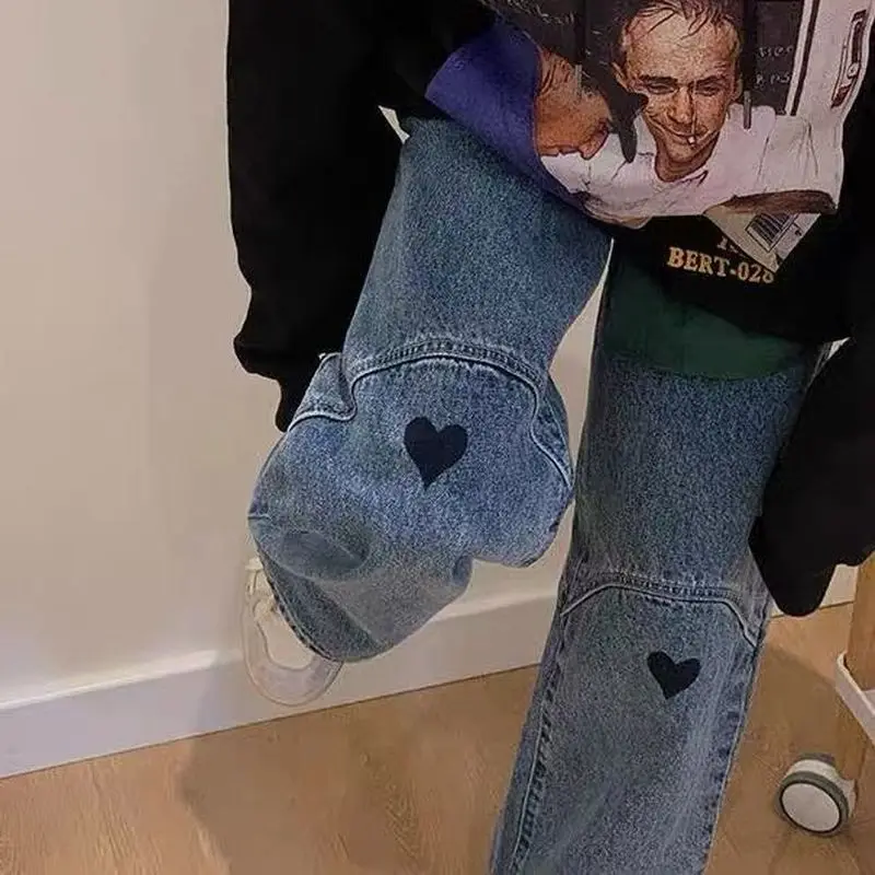 

Love printed jeans men straight trousers 2021 autumn winter new Korean fashion vintage high street style wide-leg pants trend