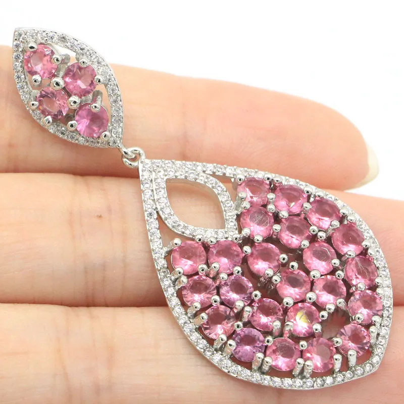 

58x26mm Princess Cut Long Big 8.7g Pink Tourmaline London Blue Topaz CZ Women Wedding Silver Pendant Eye Catching