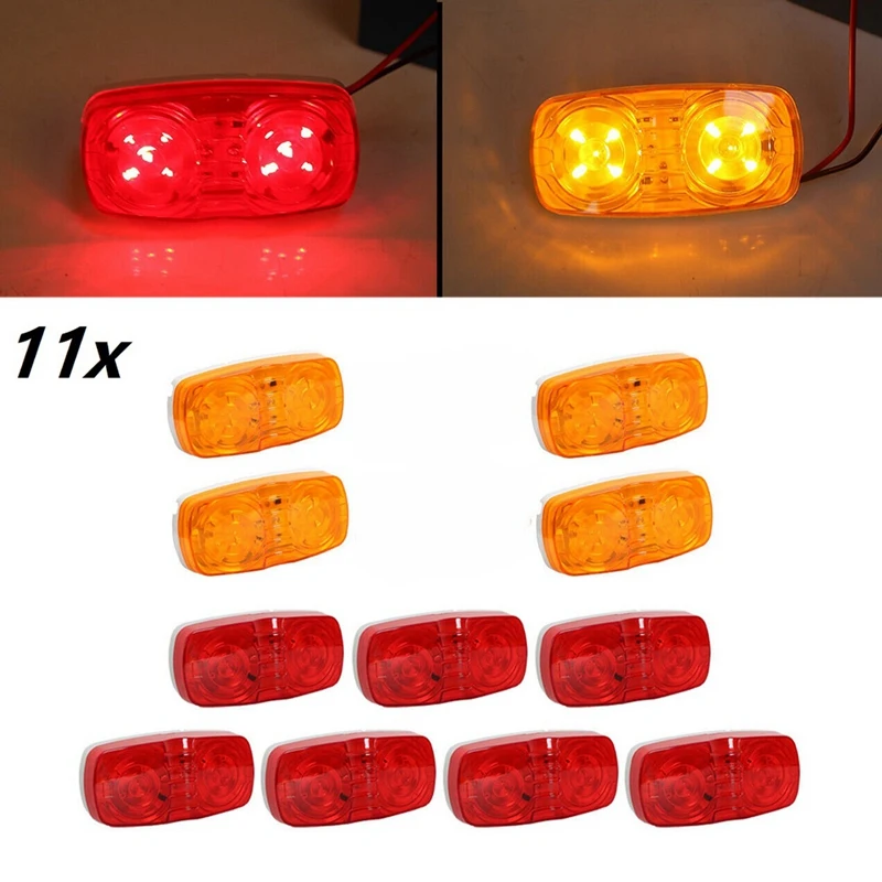 

11X Amber+Red Led Camper Exterior Lights RV Trailer Marker Lights Double Bullseye Side Fender Lights 10 Diodes Lights