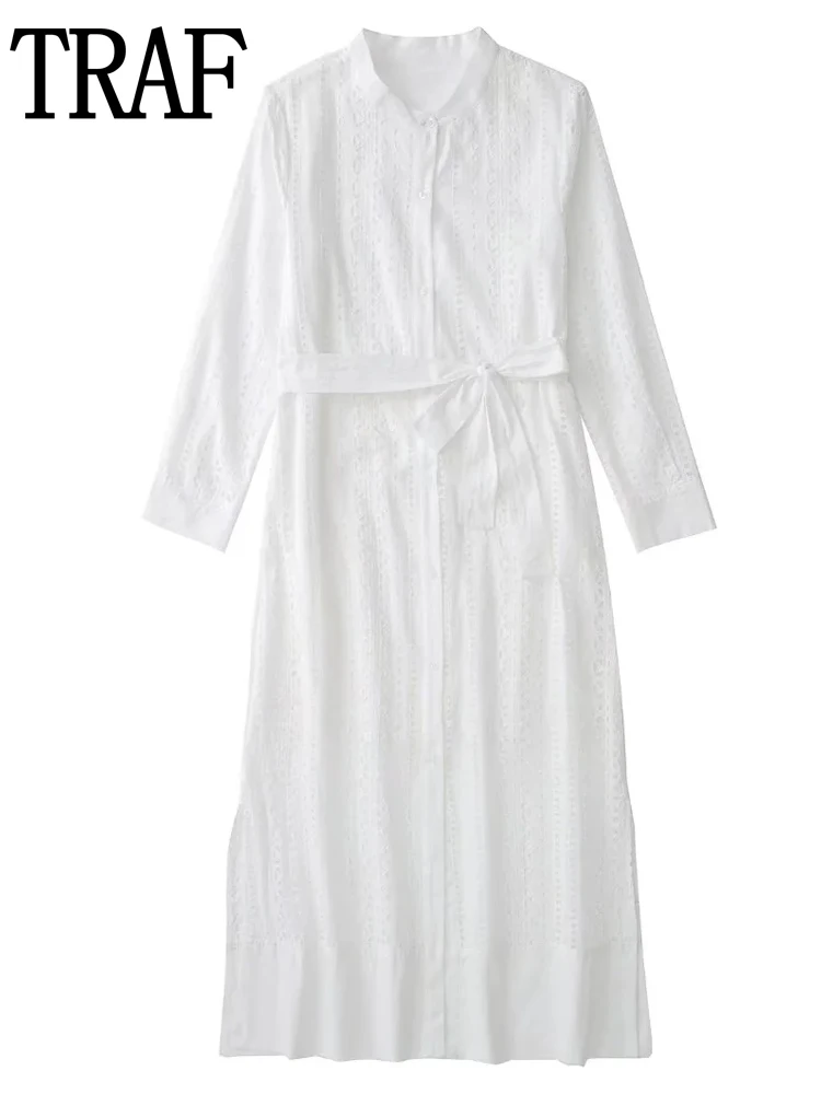 

TRAF White Dress Woman 2022 Long Sleeve Shirt Dress Cut Out Embroidered Long Dresses Women Tied Belt Summer Elegant Dresses