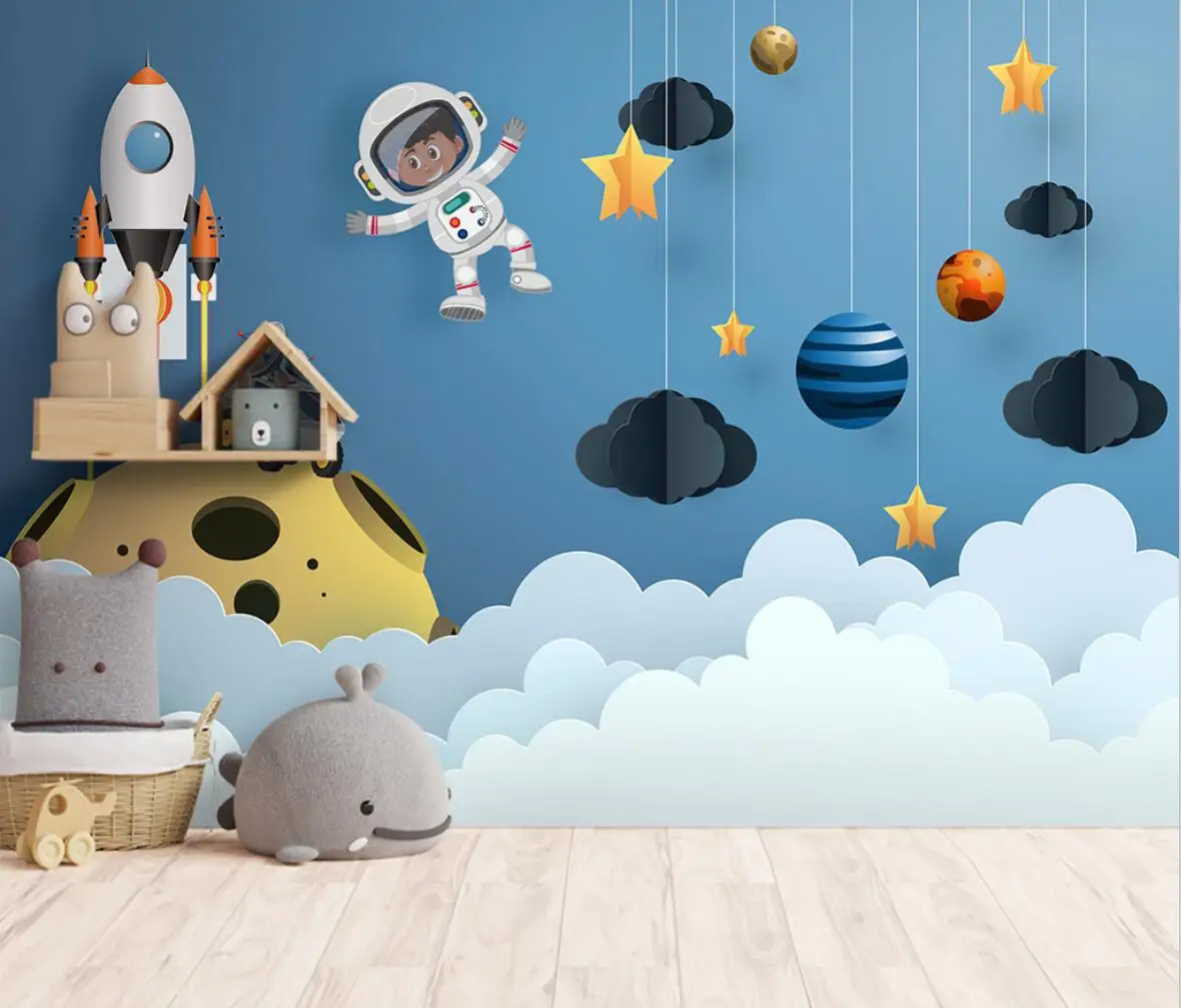 

beibehang Custom Space astronaut rocket planet satellite 3D mural wallpaper for children's room TV background art wall paper