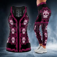 pink pattern skull 3d printed tank toplegging combo outfit yoga fitness legging women