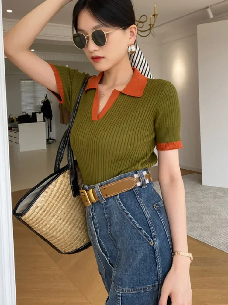 Женская Приталенная Футболка С Воротником-поло И Коротким Рукавом Повседневный