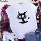 Летняя женская футболка с забавным принтом кота, 100% хлопковая Футболка с круглым вырезом и коротким рукавом, модная футболка, черные женские футболки, белые