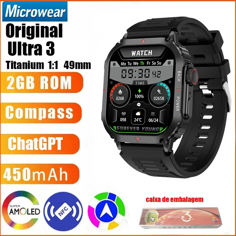 Смарт-часы Microwear Ultra 3 AMOLED 1 Гб 49 мм 2 дюйма GPS-трекер ГБ для мужчин и женщин W69 PLUS