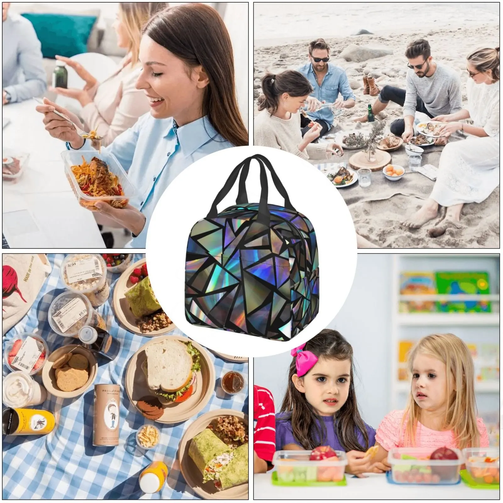Lines Green Iridescent Holographic Triangles on Black Abstract Futuristic Pattern Blue Crystal Glam Insulated Lunch Bento Bag images - 6