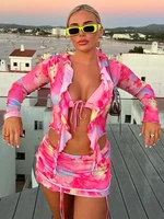 y2k tie dye print ruffle lace up crop tops high waist mini skirt matching suit women sexy neon club party beach 2 piece sets