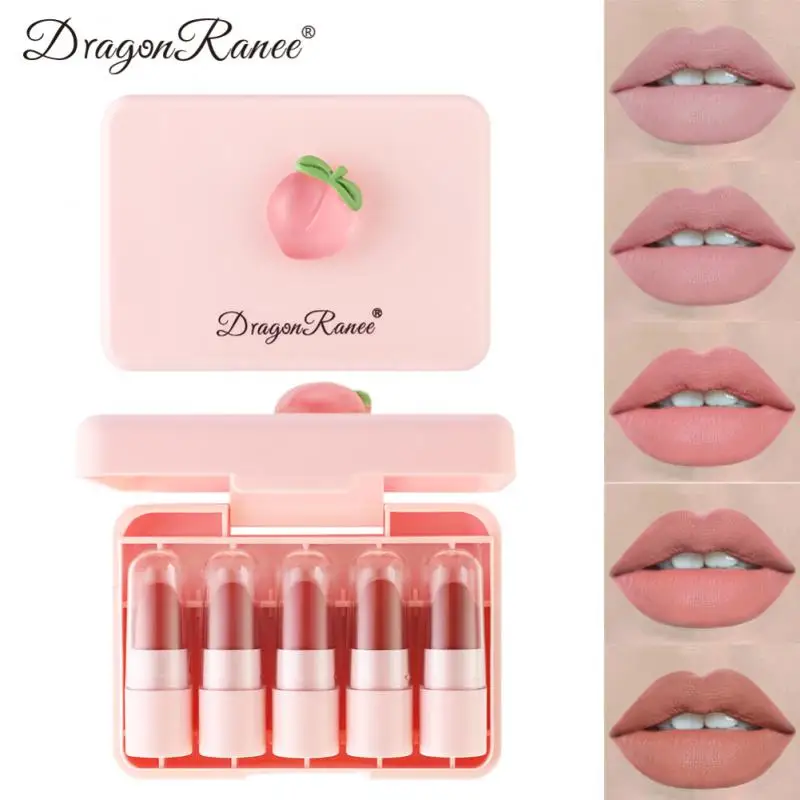 

5pcs/set Peach Mini Lipstick Set Matte Velet Lip Gloss Waterproof Anti-perspiration Long-lasting Non-stick Cup Lip Makeup