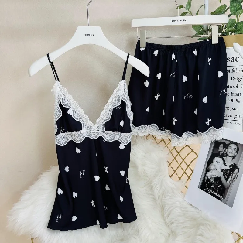 

Sexy Suspender Pajamas Set Women Sleepwear New Summer Print Sweet Heart Nightwear Pijamas Suit Loose Rayon Homewear Lounge Wear