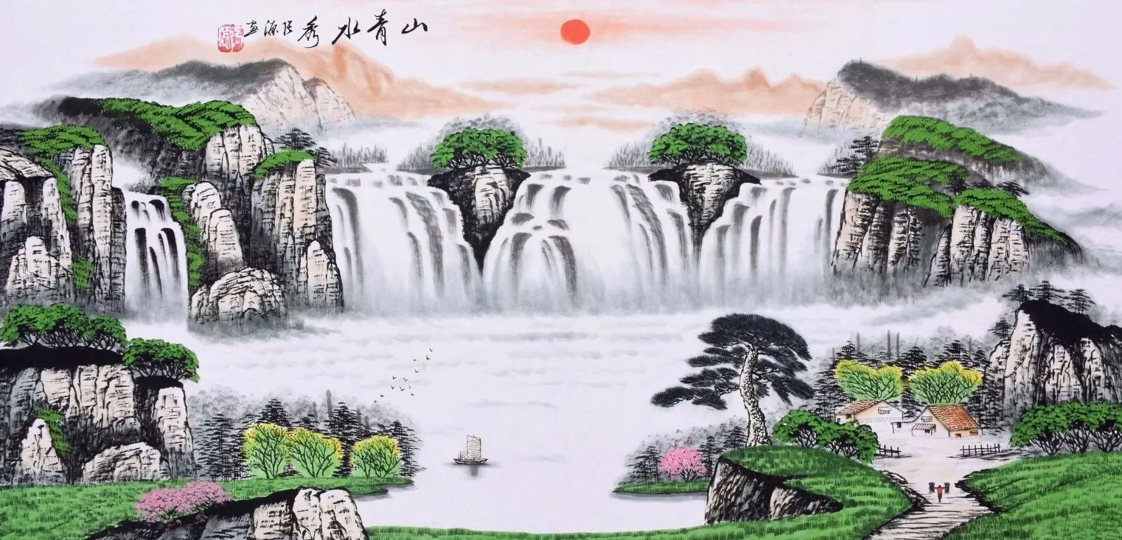 Шелковый постер с изображением китайского водопада и лодки оригинальная
