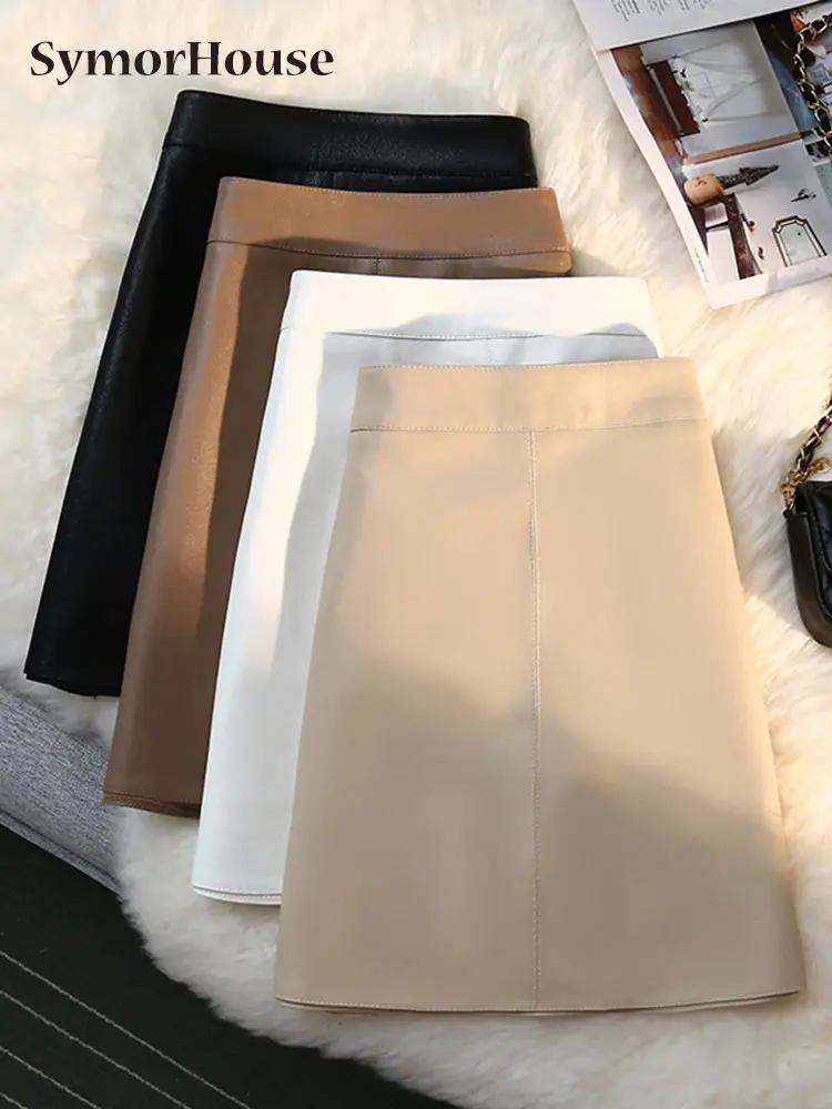 

Осенне-зимняя черная мини-юбка из искусственной кожи, женская элегантная офисная универсальная облегающая трапециевидная короткая юбка с высокой талией и запахом на бедрах