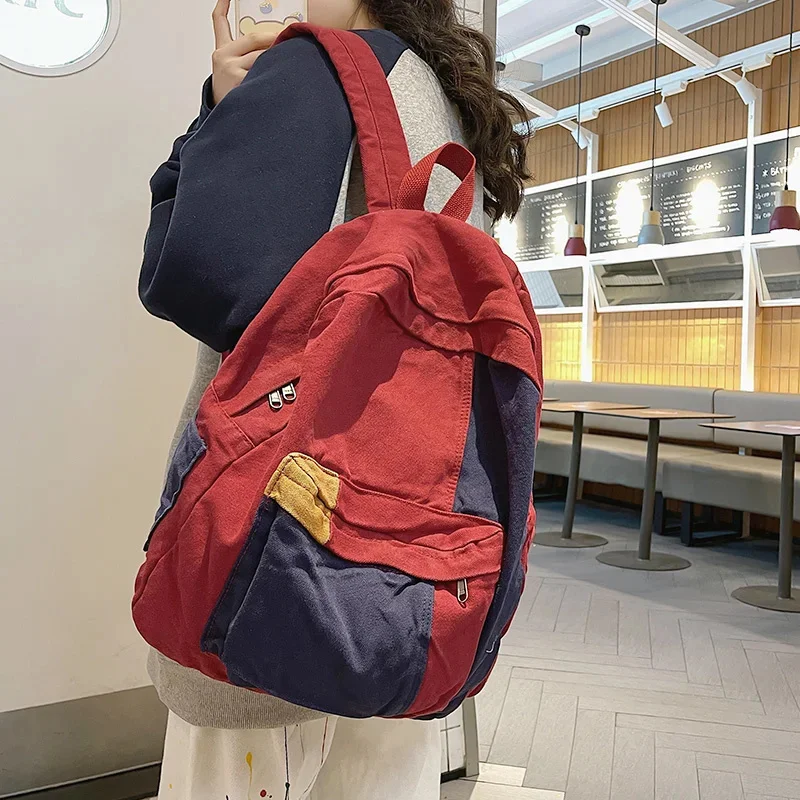 

Women's Bag 2022 Trend Panelled Contrast Women's Backpack Unisex Canvas Travel Backpack Casual College Style Student Schoolbag