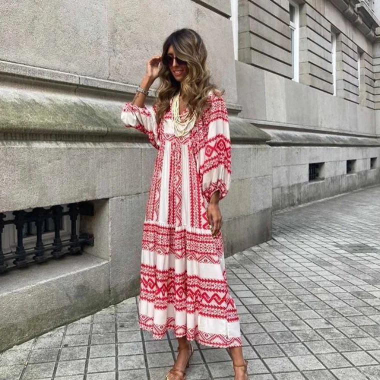 

Dress Puff Sleeve Summer Women Dresses Beach Elegant Loose 2022 Sundress V Neck Maxi Long
