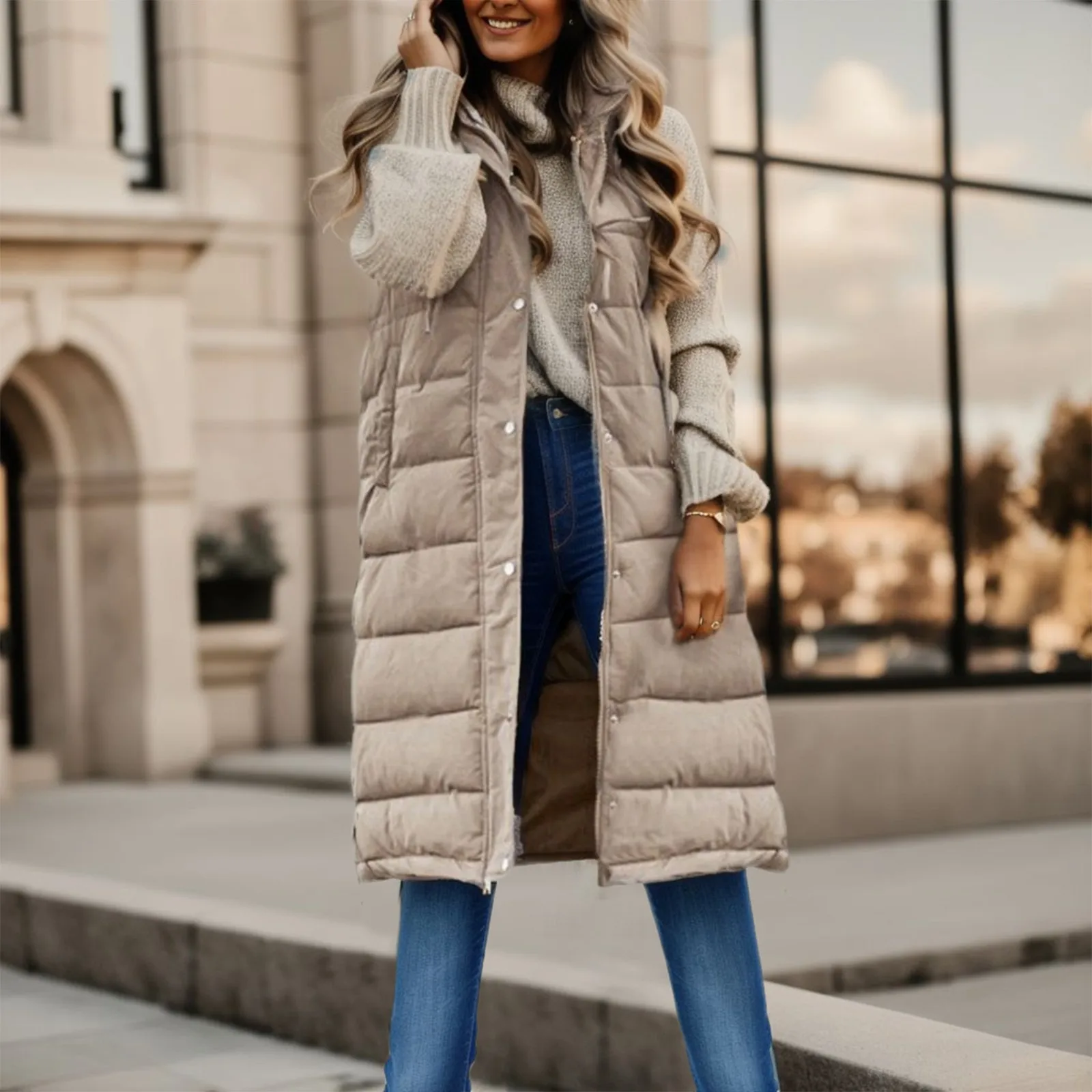 

Sleeveless Winter Down Jacket Women 2023 Midi Coats Down Vest Keep Warm Elegant Solid Color Hooded Street Lady Cotton Overcoat