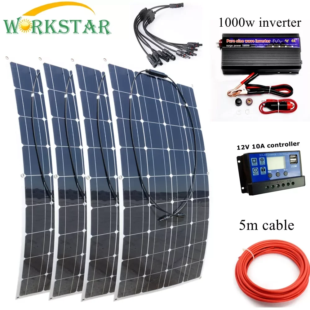 

WORKSTAR 4*100W Flexible Solar Panels 12V Solar Charger for RV/Boat Car 400w Solar Power Beginner Outdoor Solar Charger