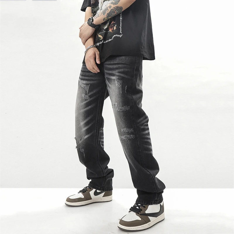 Men's Trend Hip Hop Street Retro Black Washed Jeans American High Street Stacked Pants Fashion Street Men Ins Hot Selling Denim