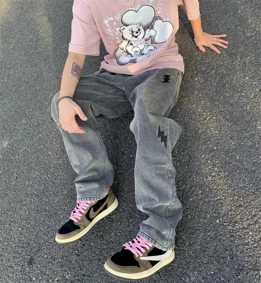 Hip Hop Jeans High Street Embroidered Pants Street Trend Washed Jeans Plus Size Men Jeans Pants  Men Clothing  Mens Loose Jeans