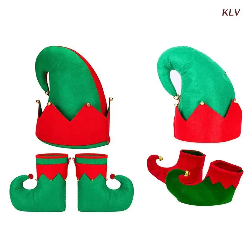 

3Pieces Novelty Santa Elf Shoes Elf Hat Costume Set Adult Kid for Christmas Costume Accessories for Fancy Dress Parties 6XDA